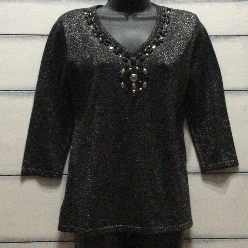 EUC JM COLLECTION PETITE, black/silver sweater.